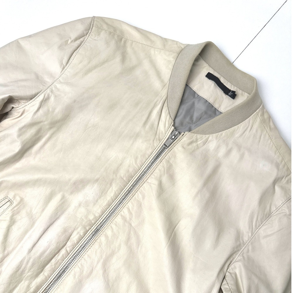 BLK DNM Mens Leather Bomber Jacket Cream Beige Full Zip Quilted Lining Size L
